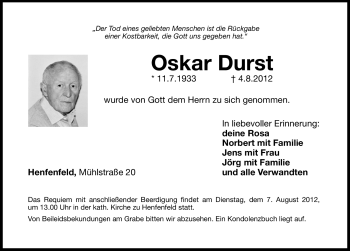 Traueranzeige von Oskar Durst von Hersbrucker Zeitung